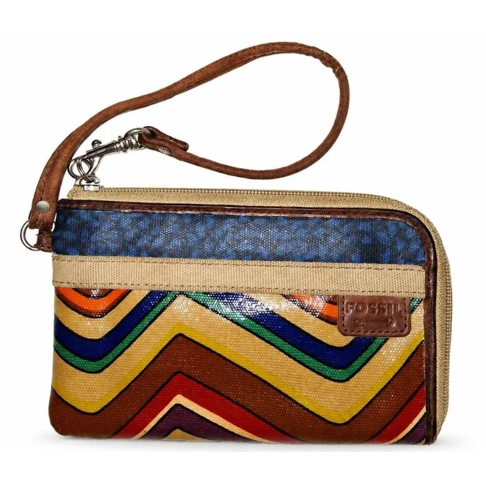 Fossil Key-Per Chevron Wristlet | Wallet Multicolor Coated Canvas with Leather T
